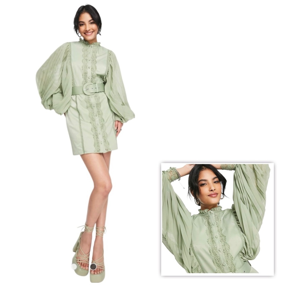 ASOS Design Mini Dress with pleated sleeve and guipure lace trim